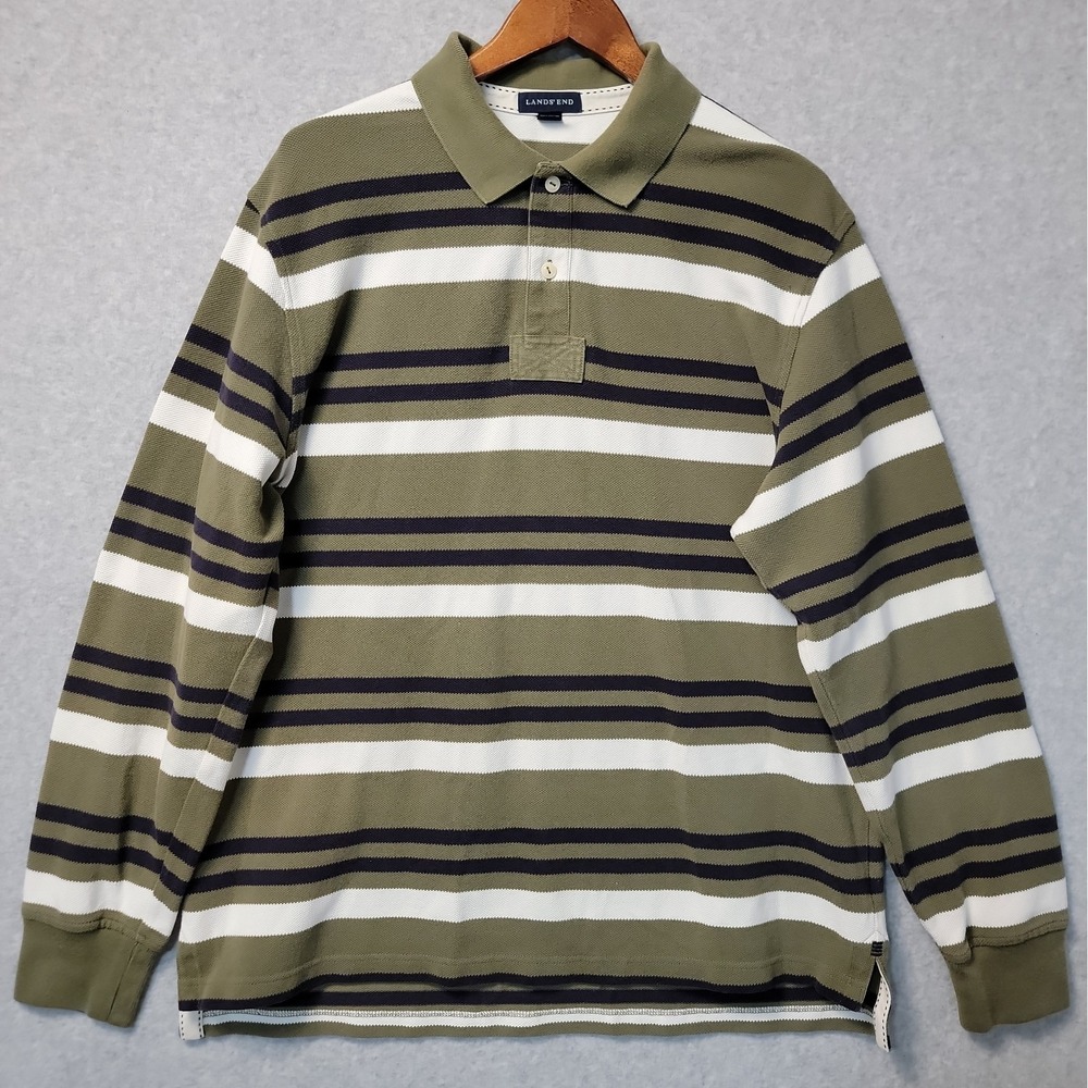 Lands End Rugby Shirt Mens XL Green Navy Stripe Long Sleeve Polo Heavy Cotton